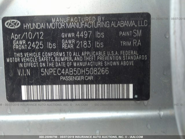 5NPEC4AB5DH508266 - 2013 HYUNDAI SONATA SE/LIMITED SILVER photo 9