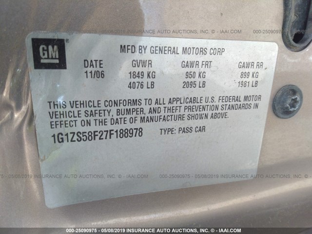 1G1ZS58F27F188978 - 2007 CHEVROLET MALIBU LS BEIGE photo 9