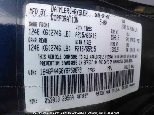 1B4GP44G8YB750879 - 2000 DODGE GRAND CARAVAN SE/SPORT Dark Blue photo 9