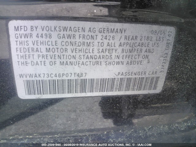 WVWAK73C46P071487 - 2006 VOLKSWAGEN PASSAT 2.0T/2.0T VALUE BLACK photo 9