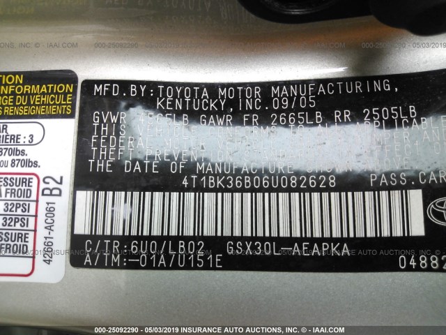 4T1BK36B06U082628 - 2006 TOYOTA AVALON XL/XLS/TOURING/LIMITED GREEN photo 9