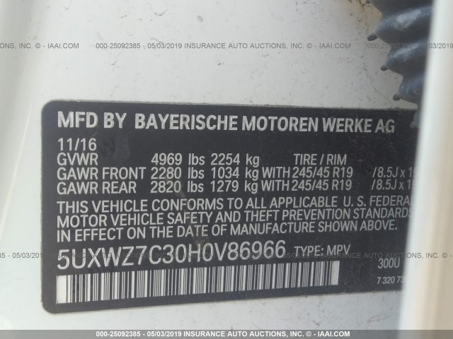 5UXWZ7C30H0V86966 - 2017 BMW X3 SDRIVE28I WHITE photo 9