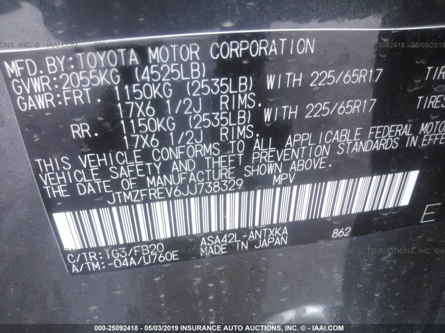 JTMZFREV6JJ738329 - 2018 TOYOTA RAV4 LE GRAY photo 9