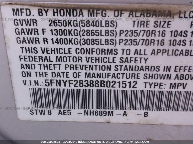 5FNYF28388B021512 - 2008 HONDA PILOT SE SILVER photo 9