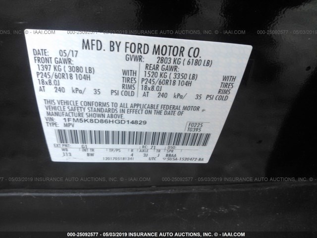 1FM5K8D86HGD14829 - 2017 FORD EXPLORER BLACK photo 9