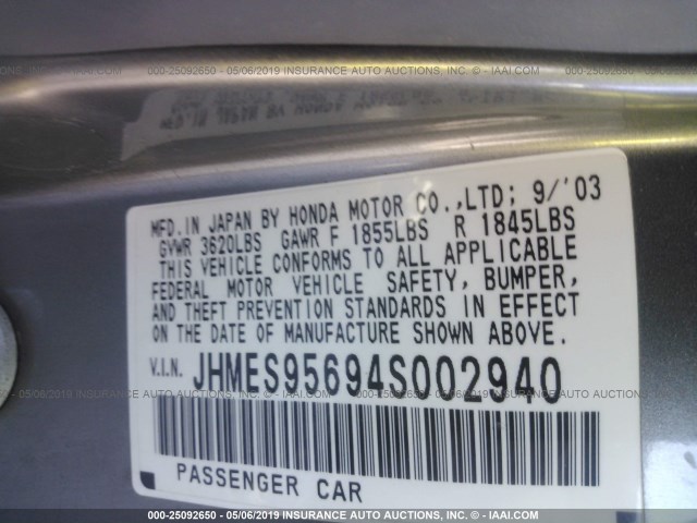 JHMES95694S002940 - 2004 HONDA CIVIC HYBRID GRAY photo 9