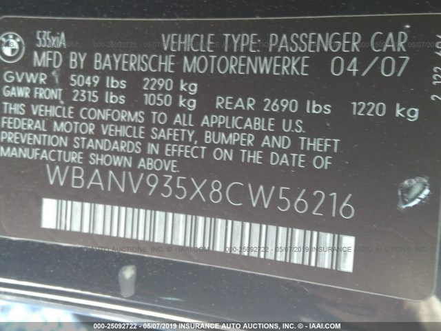 WBANV935X8CW56216 - 2008 BMW 535 XI BLACK photo 9
