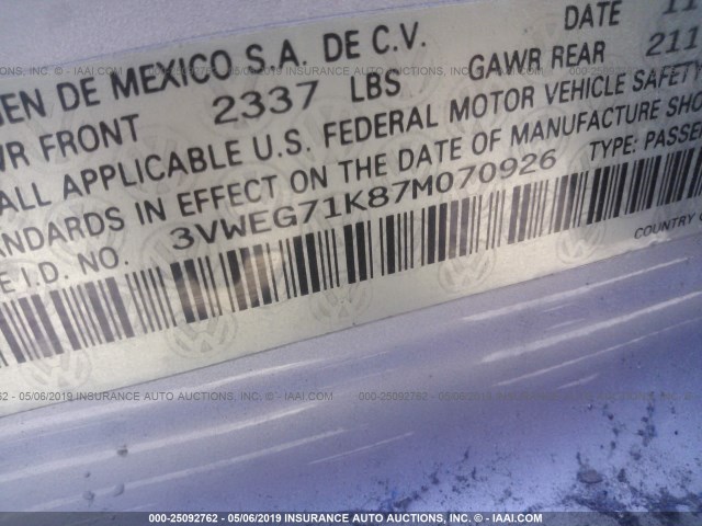 3VWEG71K87M070926 - 2007 VOLKSWAGEN JETTA WOLFSBURG 银色 照片 9