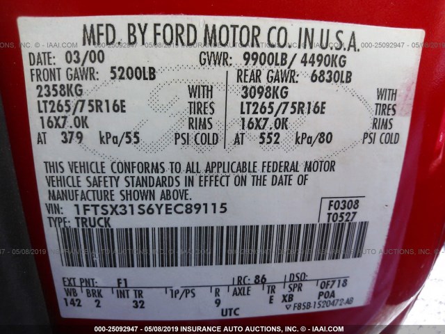 1FTSX31S6YEC89115 - 2000 FORD F350 SRW SUPER DUTY RED photo 9