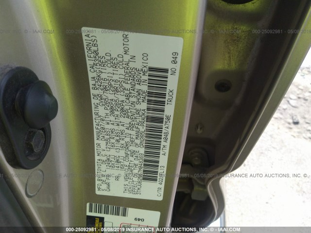 3TMJU62N67M048369 - 2007 TOYOTA TACOMA DOUBLE CAB PRERUNNER GOLD photo 9