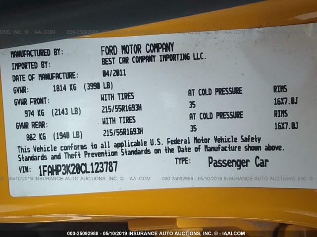 1FAHP3K20CL123787 - 2012 FORD FOCUS SE YELLOW photo 9