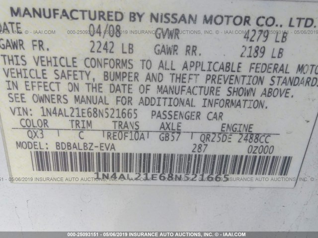 1N4AL21E68N521665 - 2008 NISSAN ALTIMA 2.5/2.5S WHITE photo 9