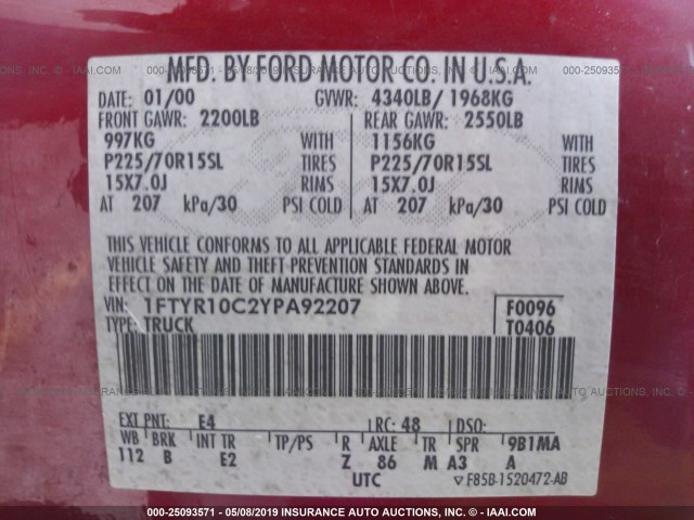 1FTYR10C2YPA92207 - 2000 FORD RANGER RED photo 9