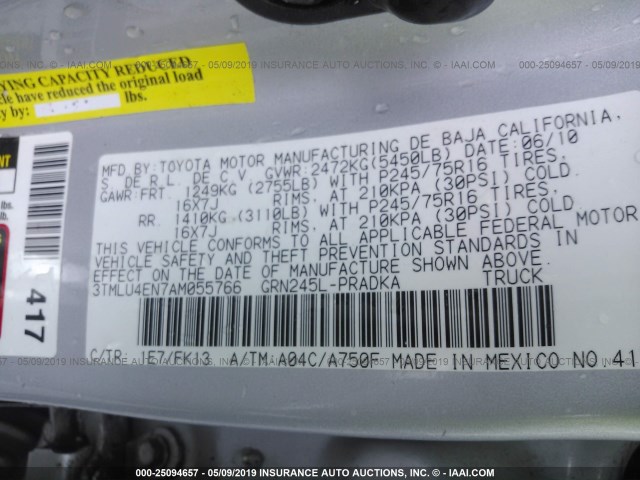 3TMLU4EN7AM055766 - 2010 TOYOTA TACOMA DOUBLE CAB 灰色 照片 9