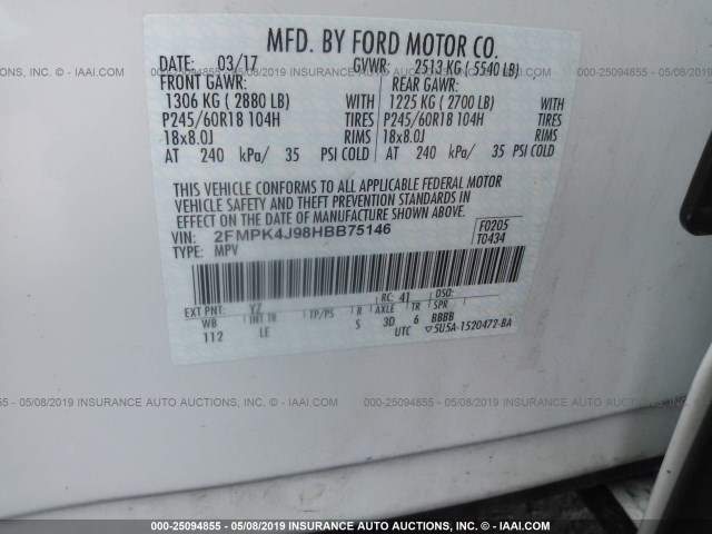 2FMPK4J98HBB75146 - 2017 FORD EDGE SEL WHITE photo 9