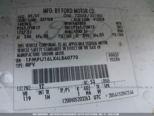 1FMPU16LX4LB60770 - 2004 FORD EXPEDITION XLT WHITE photo 9