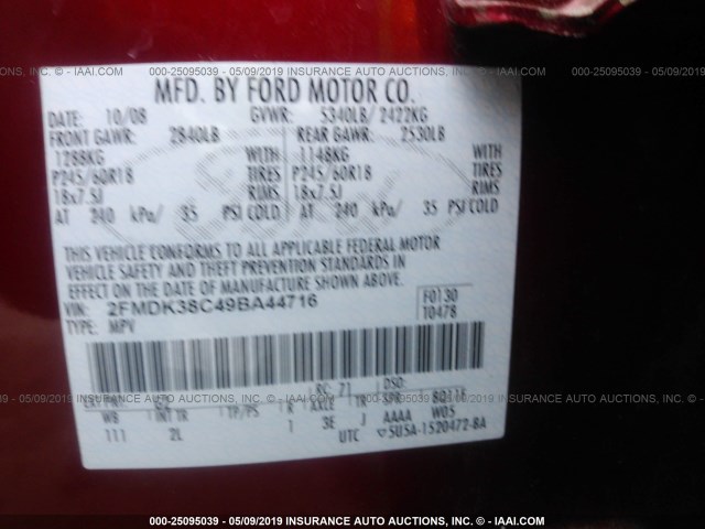 2FMDK38C49BA44716 - 2009 FORD EDGE SEL RED photo 9