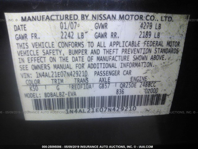 1N4AL21E07N429210 - 2007 NISSAN ALTIMA 2.5/2.5S GRAY photo 9