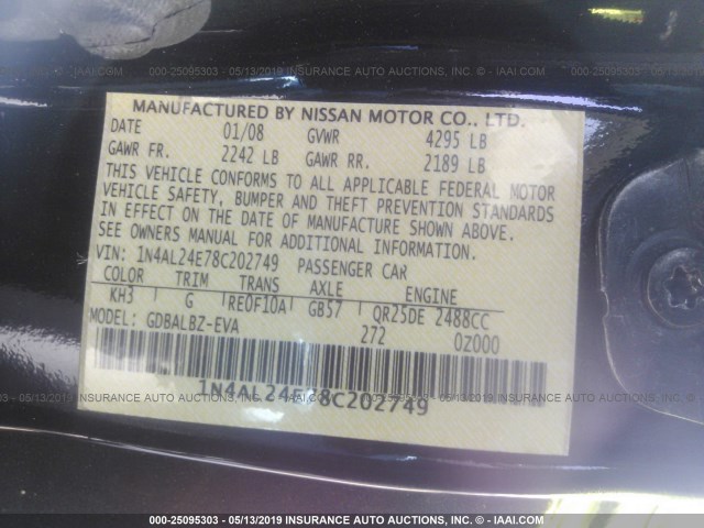 1N4AL24E78C202749 - 2008 NISSAN ALTIMA 2.5S BLACK photo 9