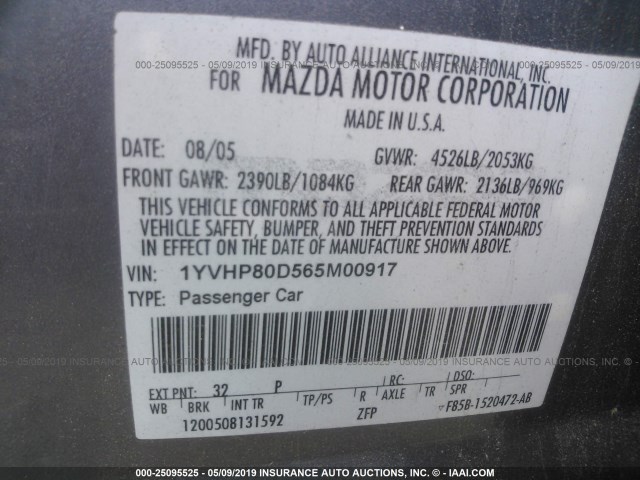 1YVHP80D565M00917 - 2006 MAZDA 6 S GRAY photo 9