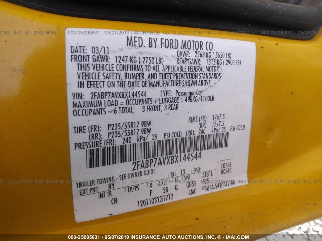 2FABP7AVXBX144544 - 2011 FORD CROWN VICTORIA S YELLOW photo 9