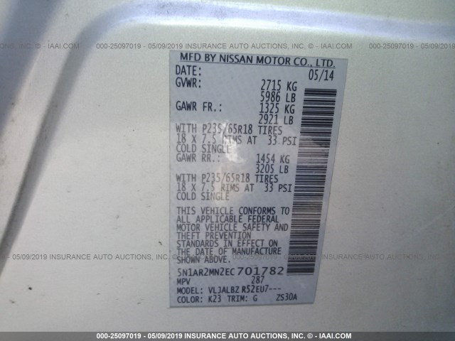 5N1AR2MN2EC701782 - 2014 NISSAN PATHFINDER S/SV/SL/PLATINUM SILVER photo 9
