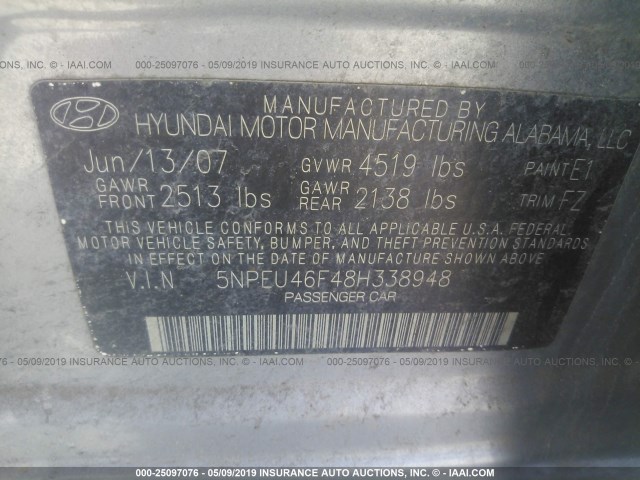 5NPEU46F48H338948 - 2008 HYUNDAI SONATA SE/LIMITED GRAY photo 9