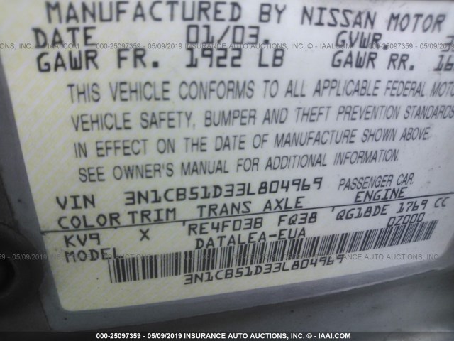 3N1CB51D33L804969 - 2003 NISSAN SENTRA XE/GXE GRAY photo 9