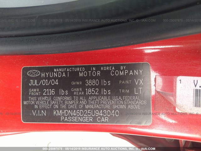 KMHDN46D25U943040 - 2005 HYUNDAI ELANTRA GLS/GT RED photo 9