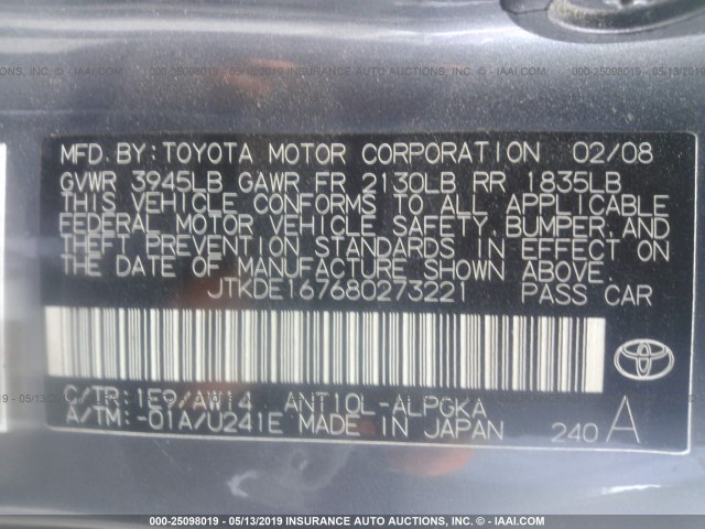 JTKDE167680273221 - 2008 TOYOTA SCION TC GRAY photo 9