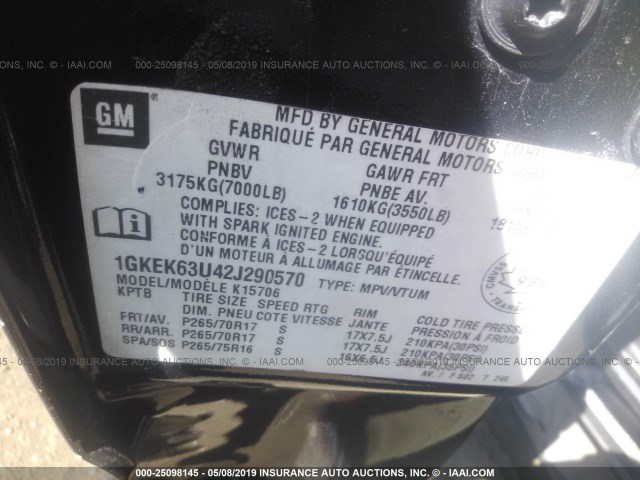 1GKEK63U42J290570 - 2002 GMC DENALI BLACK photo 9