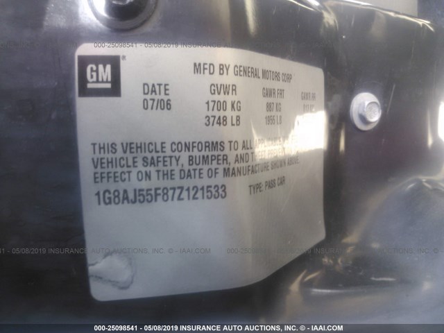 1G8AJ55F87Z121533 - 2007 SATURN ION LEVEL 2 SILVER photo 9