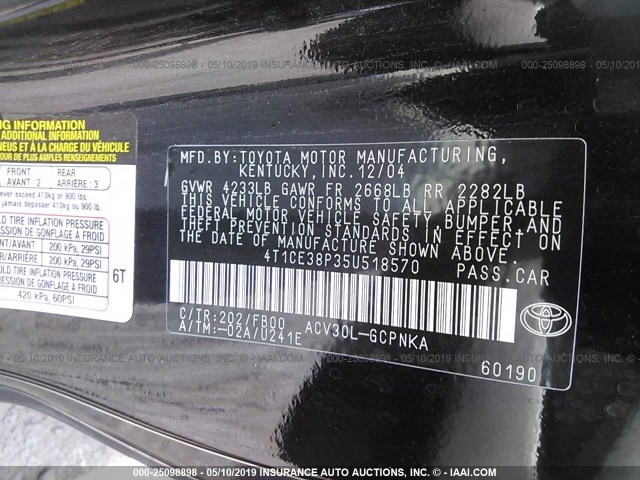 4T1CE38P35U518570 - 2005 TOYOTA CAMRY SOLARA SE/SLE BLACK photo 7