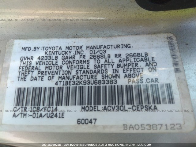 4T1BE32K93U683383 - 2003 TOYOTA CAMRY LE/XLE/SE SILVER photo 9