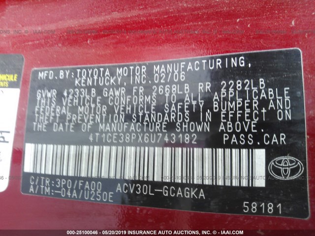 4T1CE38PX6U743182 - 2006 TOYOTA CAMRY SOLARA SE/SLE RED photo 9