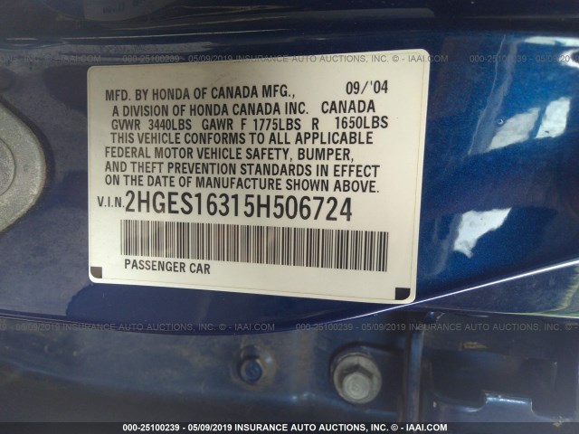 2HGES16315H506724 - 2005 HONDA CIVIC DX VP Mavi foto 9