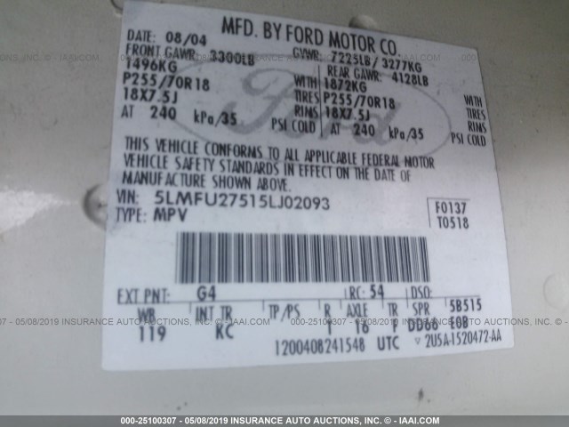 5LMFU27515LJ02093 - 2005 LINCOLN NAVIGATOR 白色 照片 9