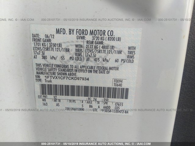 1FTVX1CF7CKD97934 - 2012 FORD F150 SUPER CAB WHITE photo 9