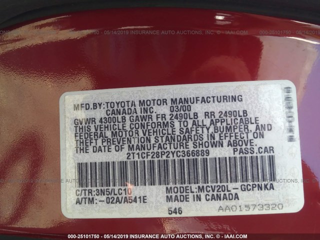2T1CF28P2YC366889 - 2000 TOYOTA CAMRY SOLARA SE/SLE RED photo 9