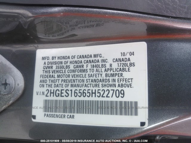 2HGES16565H522709 - 2005 HONDA CIVIC LX GRAY photo 9