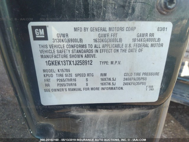 1GKEK13TX1J258912 - 2001 GMC YUKON GREEN photo 9