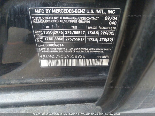 4JGAB57E05A558926 - 2005 MERCEDES-BENZ ML 350 BLACK photo 9