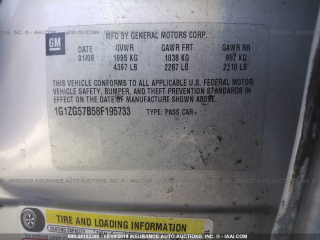 1G1ZG57B58F195733 - 2008 CHEVROLET MALIBU LS SILVER photo 9