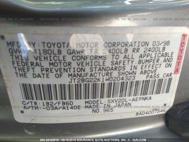 JT2BG22K1W0204323 - 1998 TOYOTA CAMRY CE/LE/XLE BLUE photo 9