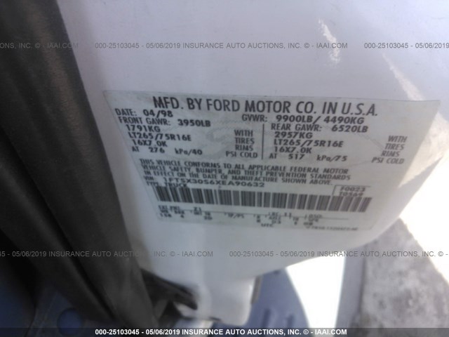 1FTSX30S6XEA90632 - 1999 FORD F350 SRW SUPER DUTY WHITE photo 9