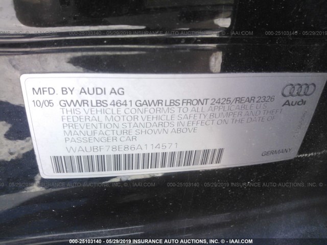 WAUBF78E86A114571 - 2006 AUDI A4 BLACK photo 9