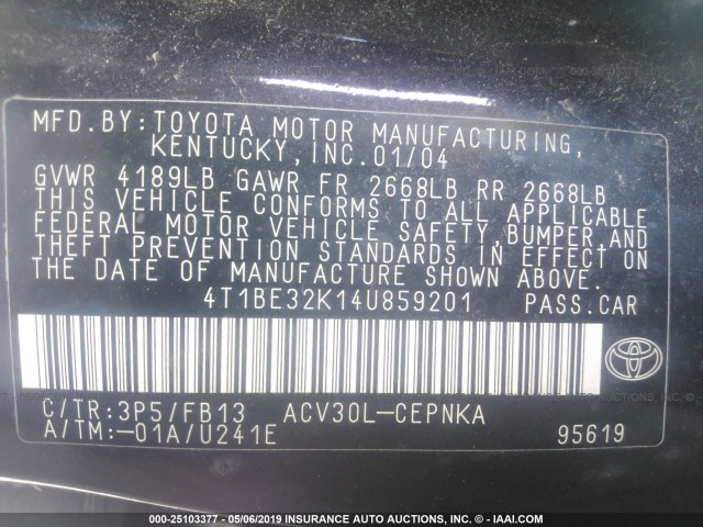 4T1BE32K14U859201 - 2004 TOYOTA CAMRY LE/XLE/SE BURGUNDY photo 9