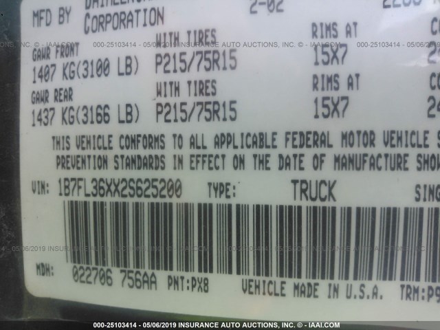 1B7FL36XX2S625200 - 2002 DODGE DAKOTA BLACK photo 9