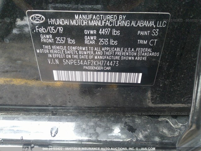 5NPE34AF2KH774473 - 2019 HYUNDAI SONATA LIMITED/SEL/SPORT BLACK photo 9