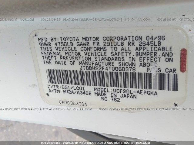 JT8BH22F4T0060378 - 1996 LEXUS LS 400 WHITE photo 9